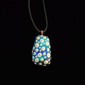 Hand Painted Dot Art Pendant. Ocean Blues Gold and White